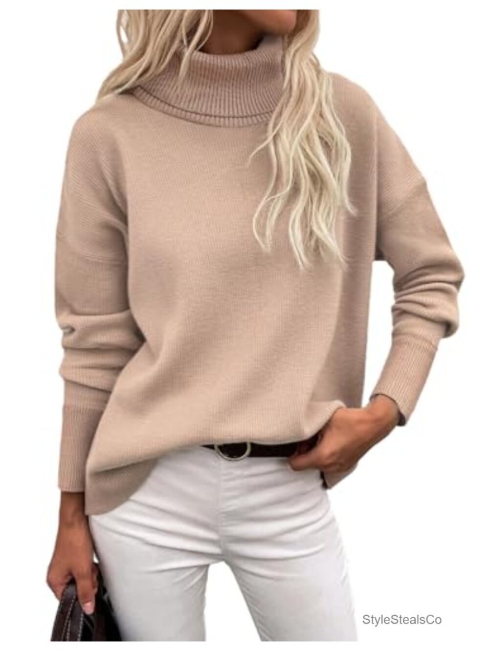 Turtleneck Sweater Chunky Knitted Pullover Drop Shoulder High Low Hem